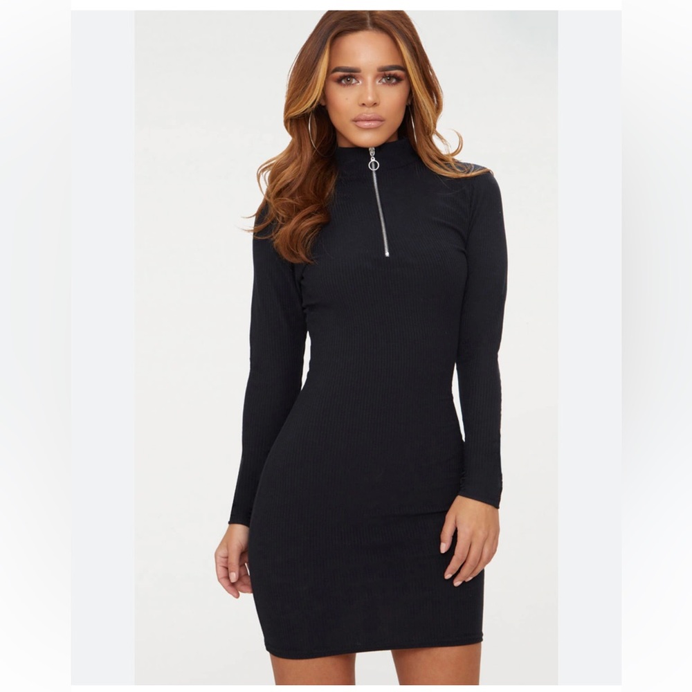 🚫SOLD🚫 ABERCROMBIE & FITCH Black Ribbed Mini Long Sleeve Dress Quarter Zip